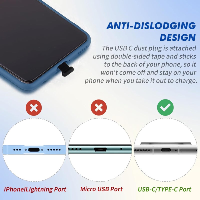 COBEE Type C Port Dust Plugs, USB C Dust Cover Caps Phone Type-C Anti Dust Charging Port Plug Silicone Dust Protectors with Removable Adhesive Compatible with Laptop Smartphones(6pcs, Black) - Image 2